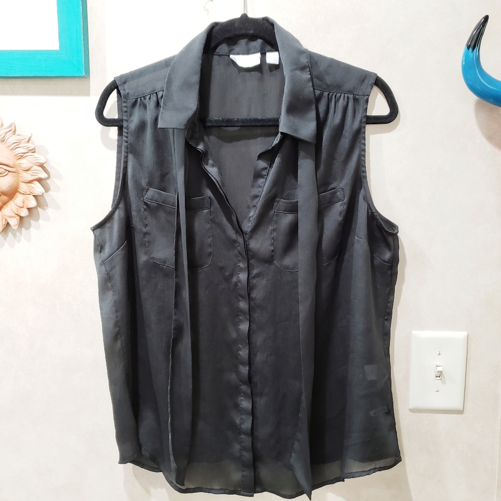 New York & Company Black Neck Tie Blouse Size XL